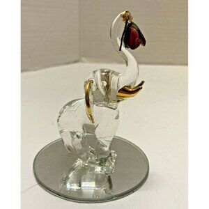 VTG Hand‑Sculpted Glass Elephant 3” Red Flower 22KT Gold Accents Figurine